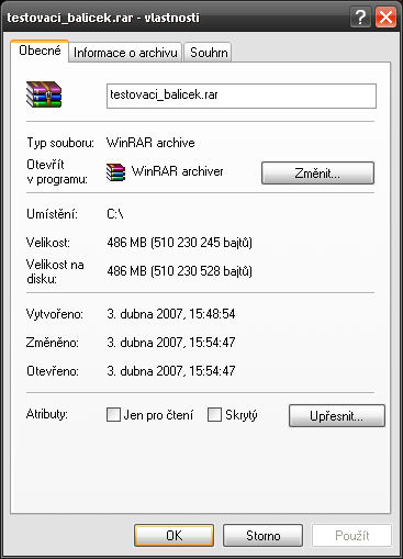 Výsledek testu programu WinRAR