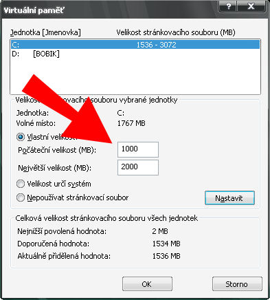 Nastavení virtuální paměti ve Windows XP